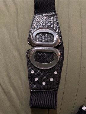Black Elastic Belt with Silver Buckle and Rhinestone Accents
